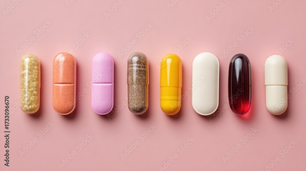 Obraz premium Close-up of aligned capsules, diverse colors, against a pale pink background