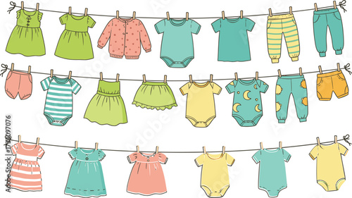 Baby clothes hanging on clothesline, pastel children garments, newborn outfits drying, cute toddler clothing, colorful infant apparel, nursery fashion, laundry illustration