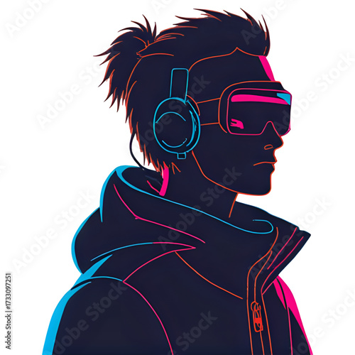 Stylized man with vr headset and headphones illustration