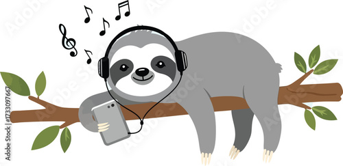 Adorable sloth chilling on a branch, listening to music on headphones and holding a phone, perfect for cute animal content and fun designs