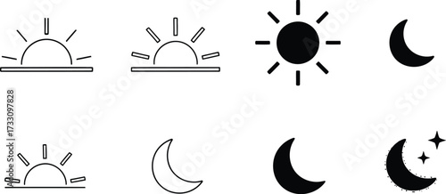 Simple icons depict sunrises, moon phases, and stars for weather or time concepts