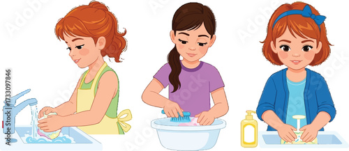 Three cheerful children actively washing hands and dishes, promoting hygiene and healthy habits with joyful engagement in everyday chores