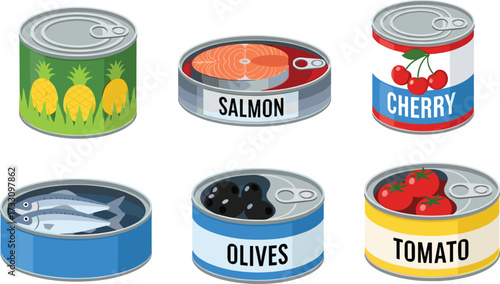 Canned food collection, pineapple mango can, salmon fish tin, cherry fruit can, sardine fish tin, black olives, tomato can illustration