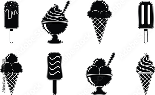 Delicious ice cream treats collection including cones, popsicles, and sundaes for summer fun
