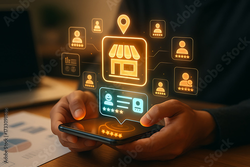 Local business reviews and customer ratings on smartphone with shop icon, profile badges and five star feedback for marketplace reputation