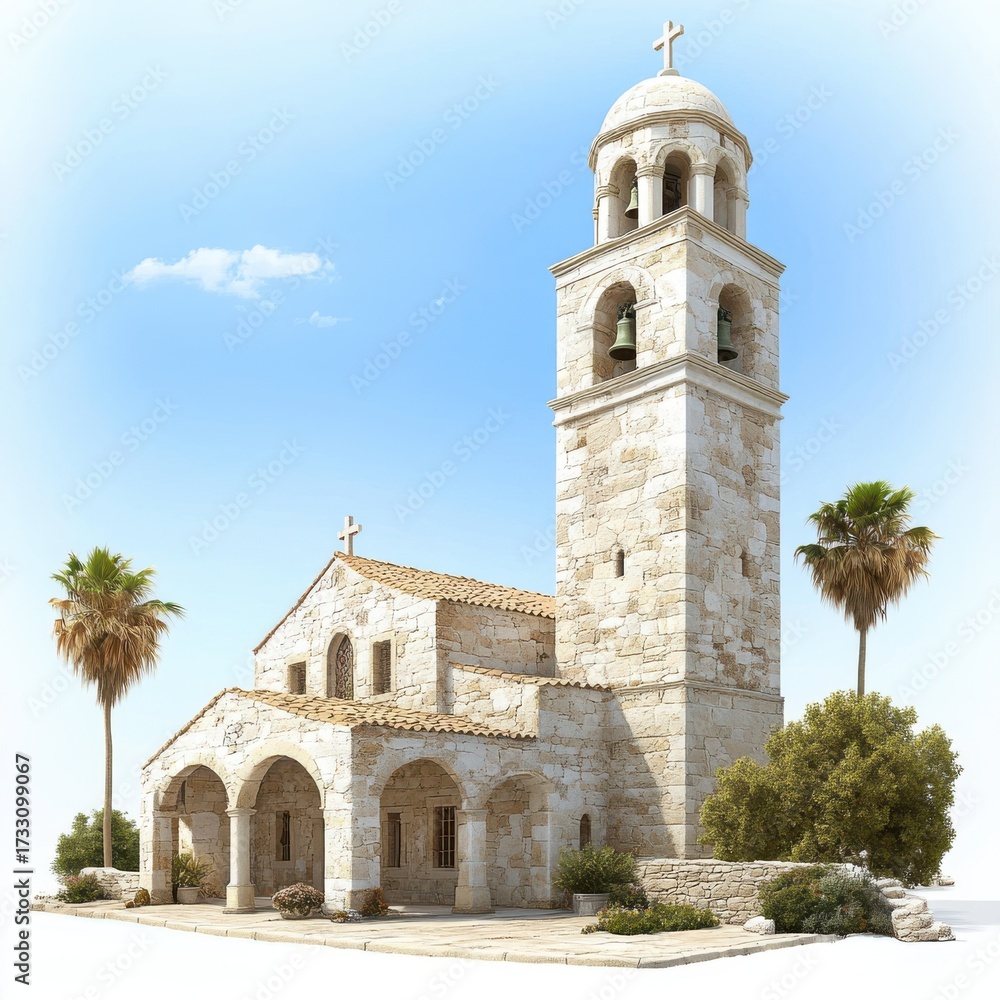 Obraz premium Stone Church with Tower and Palm Trees Against Clear Sky