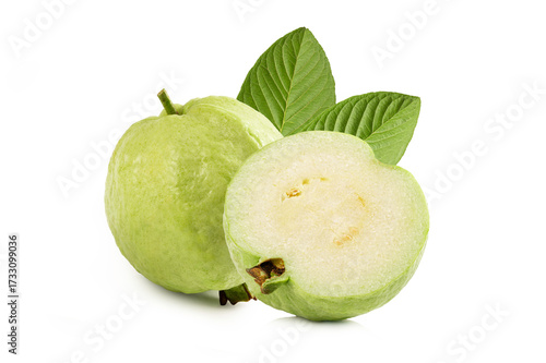 Guava fruits with half and leaves isolated on white background.
