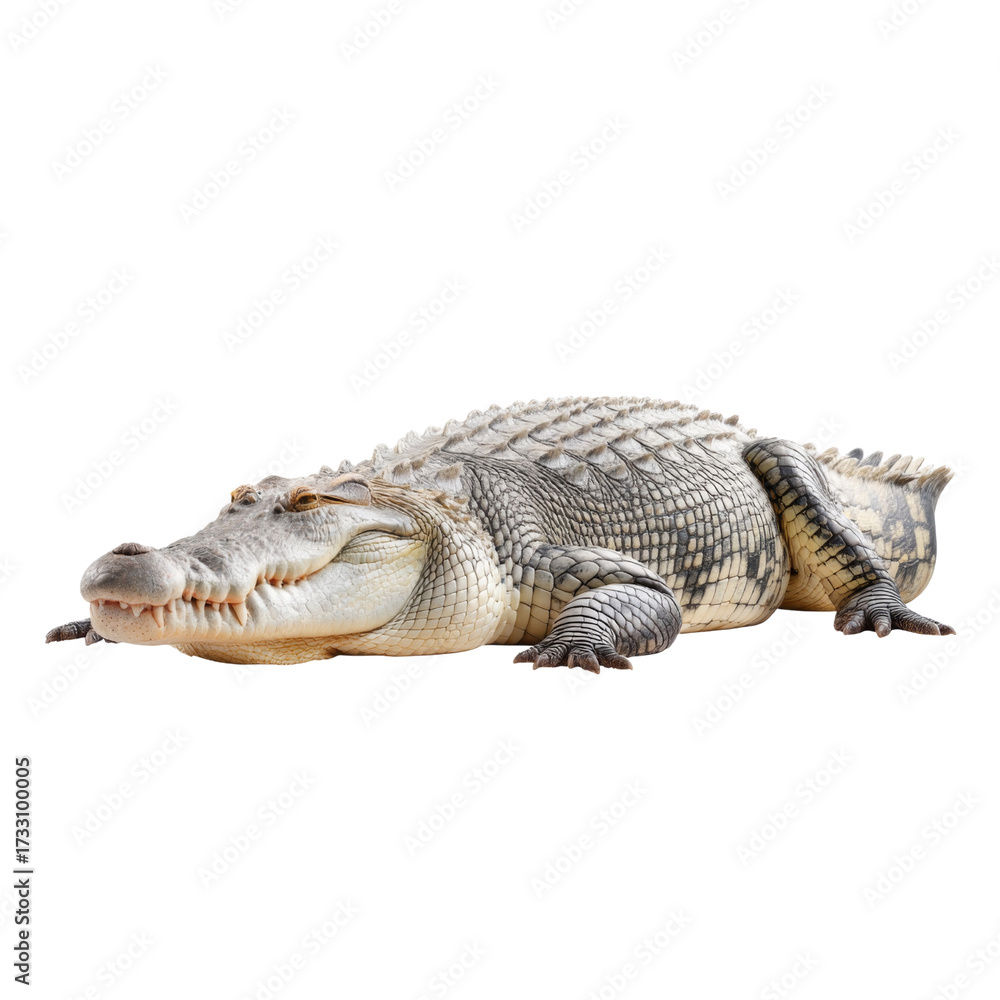 Fototapeta premium Lying Alligator with Unique Coloration, Relaxed Position, and Detailed Scales, Captured in a Natural Setting