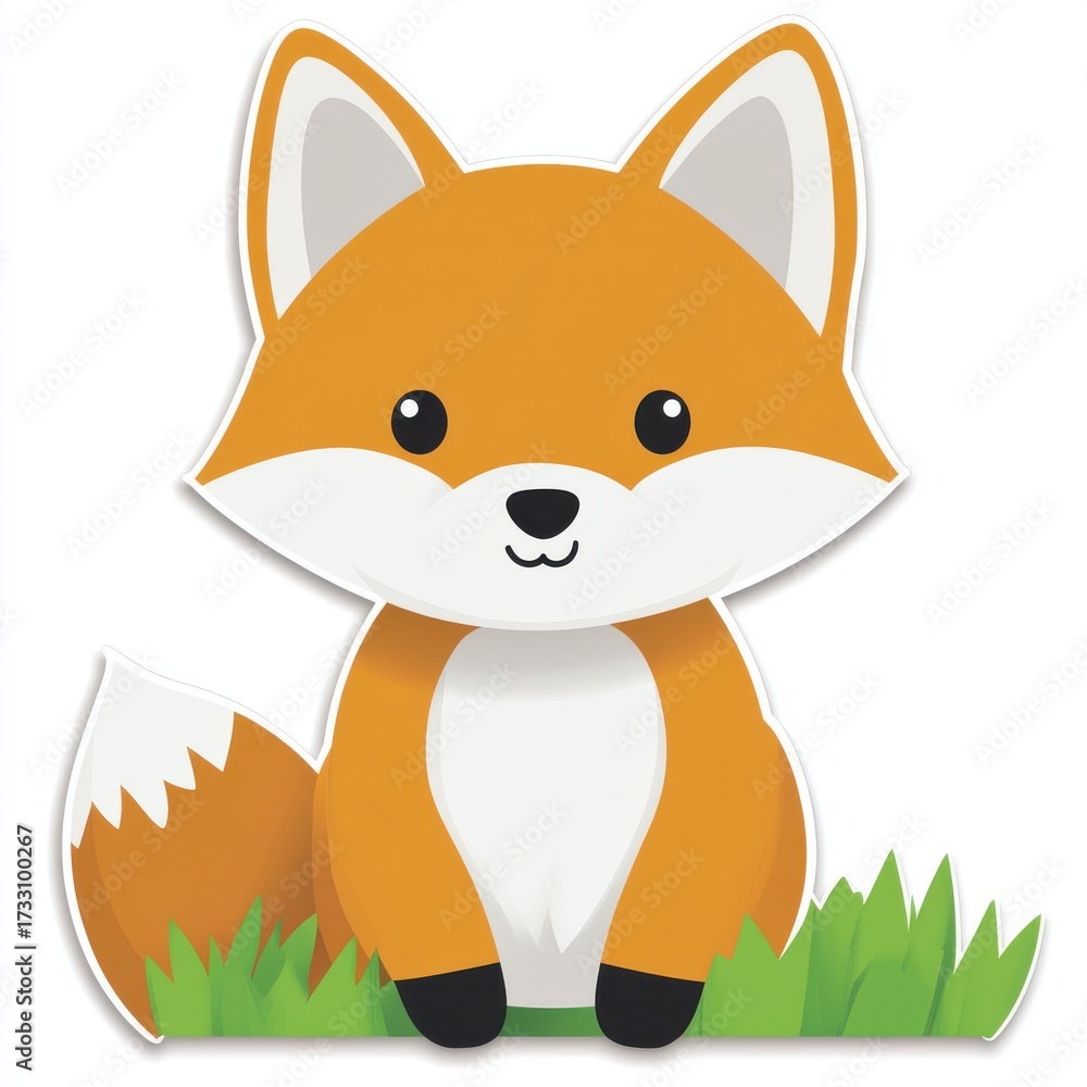 Obraz premium Cute Cartoon Fox Character Sitting in Green Grass Background