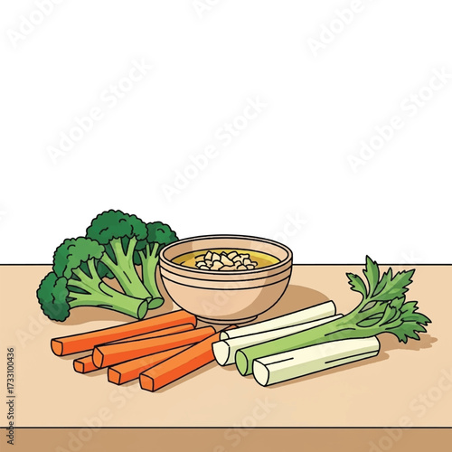 A colorful illustration of a bowl of dip surrounded by fresh vegetables, ready to eat.