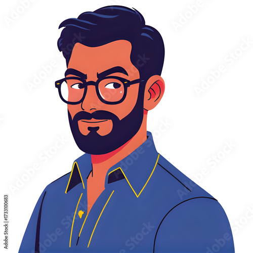 Illustration of a man with beard and glasses in blue shirt