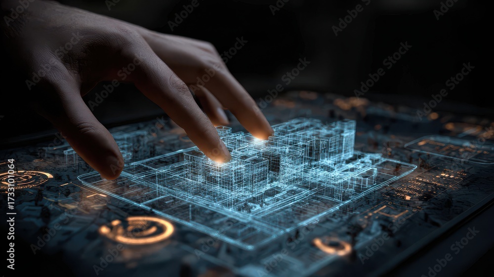 Naklejka premium Hand interacting with holographic architectural model touching digital