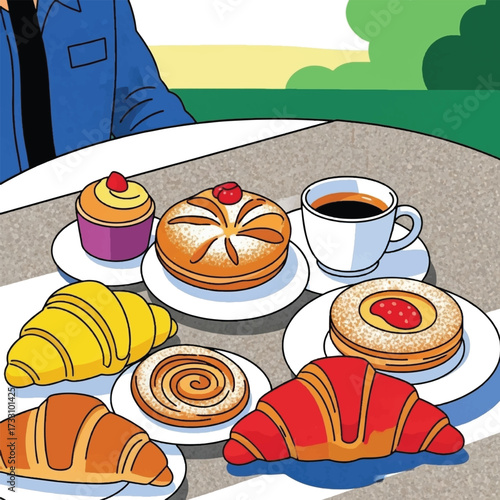 Illustration of a table with pastries and a cup of coffee.