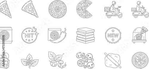 Delicious pizza icons for food delivery and restaurant promotions, showcasing ingredients and service