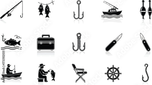 Essential fishing gear icons for outdoor adventure and aquatic sport enthusiasts seeking success
