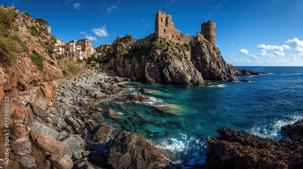 Naklejka premium Coastal ruins atop jagged cliffs overlook turquoise waters and a rocky shoreline, bathed in brilliant sunlight