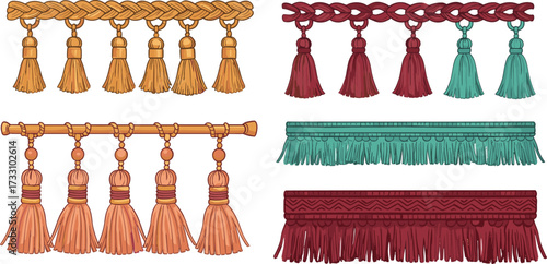 Decorative tassel trims, colorful textile borders, curtain accessories, upholstery embellishments, fabric fringe, interior design details, fashion accents, ornamental rope decorations