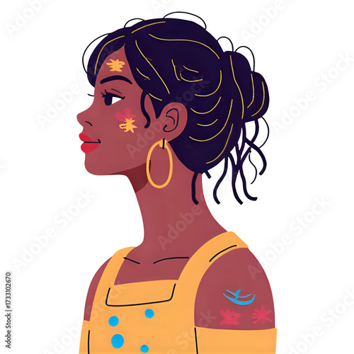 Illustration of a woman with dark hair and yellow dress