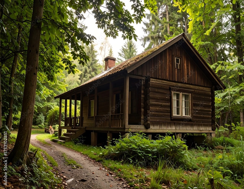 Fototapeta premium Rustic wooden cabin nestled in a lush forest