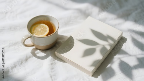 Serene morning: Lemon tea and a book bathed in soft sunlight on white sheets
