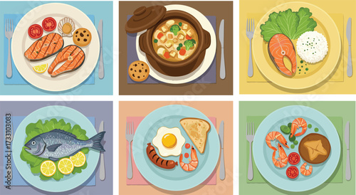 Delicious food illustration, healthy meals, grilled salmon, vegetable stew, rice plate, cooked fish, breakfast set, pie dish, balanced nutrition, cuisine variety