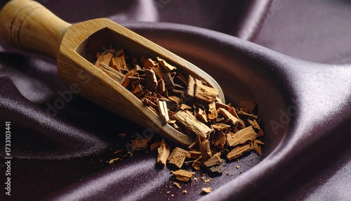 Rustic Wooden Scoop with Dried Herbal Bark on Luxurious Purple Satin Fabric.