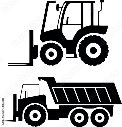 Vector illustration of tractor loader and truck for construction and transportation
