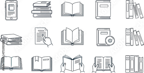 Discover knowledge with these diverse book and reading icons, perfect for educational or literary projects.