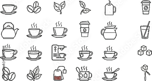 Cozy coffee and tea icons capture warm beverage moments for cafes and kitchens