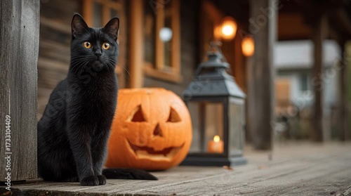 A black cat sitting next to a jack o lantern and a lantern on a wooden porch at halloween time