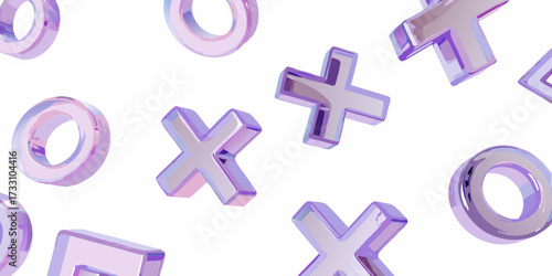 Abstract 3d rendering of translucent purple tic tac toe game pieces scattered on a white background