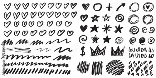 Collection of hand drawn black doodle elements including hearts stars circles squiggles and crowns