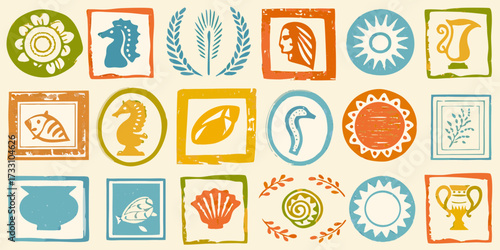 Collection of vintage style block print illustrations featuring nautical and nature motifs