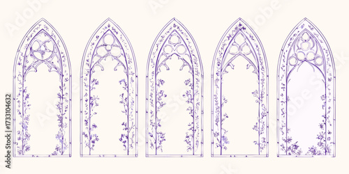 Five gothic architectural window frames with delicate floral vine decorations in purple watercolor