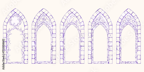 Collection of five ornate gothic arched stone frames with floral vine embellishments in purple watercolor style