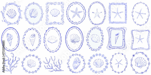 Collection of hand drawn blue watercolor seashells starfish and coral frames and elements
