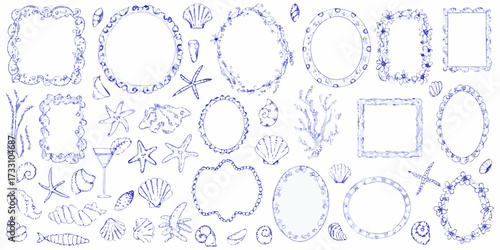 Collection of hand drawn blue watercolor frames and nautical elements on white background