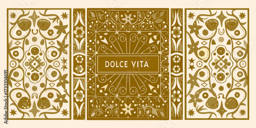 Artistic illustration of dolce vita text in a decorative frame surrounded by floral and abstract motifs in gold and beige