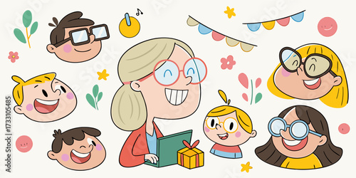 Joyful Cartoon Illustration of Grandmother and Grandchildren Celebrating Family Love