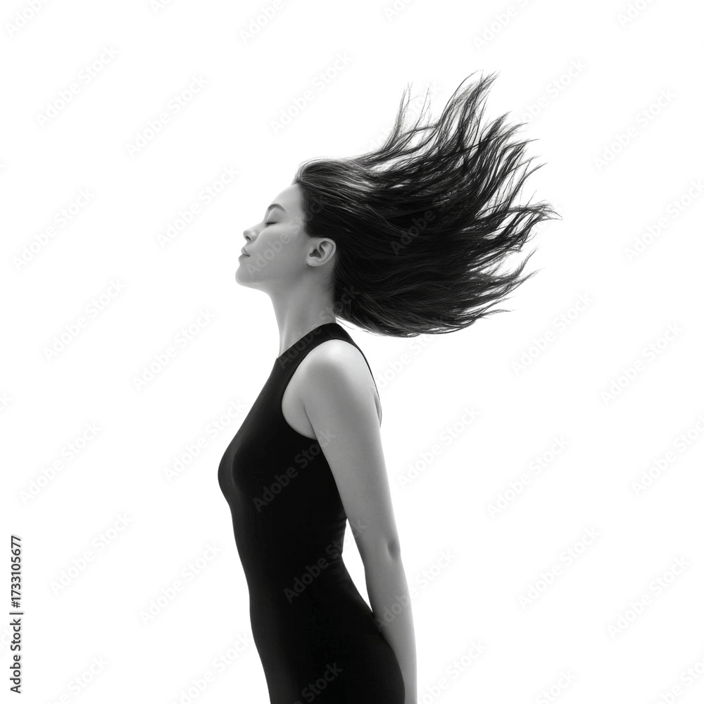 Fototapeta premium Elegant Woman with Flowing Hair Captured in Stunning Black and White Photography for Fashion and Beauty Themes