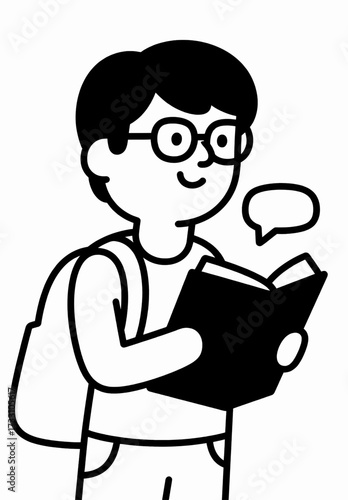 A young student with glasses wearing a backpack and reading a book with a speech bubble above their head, symbolizing learning and communication