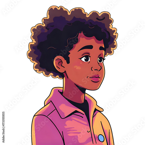 Illustration of a young boy with curly hair and a jacket