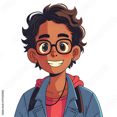 Illustration of a smiling young person with curly hair