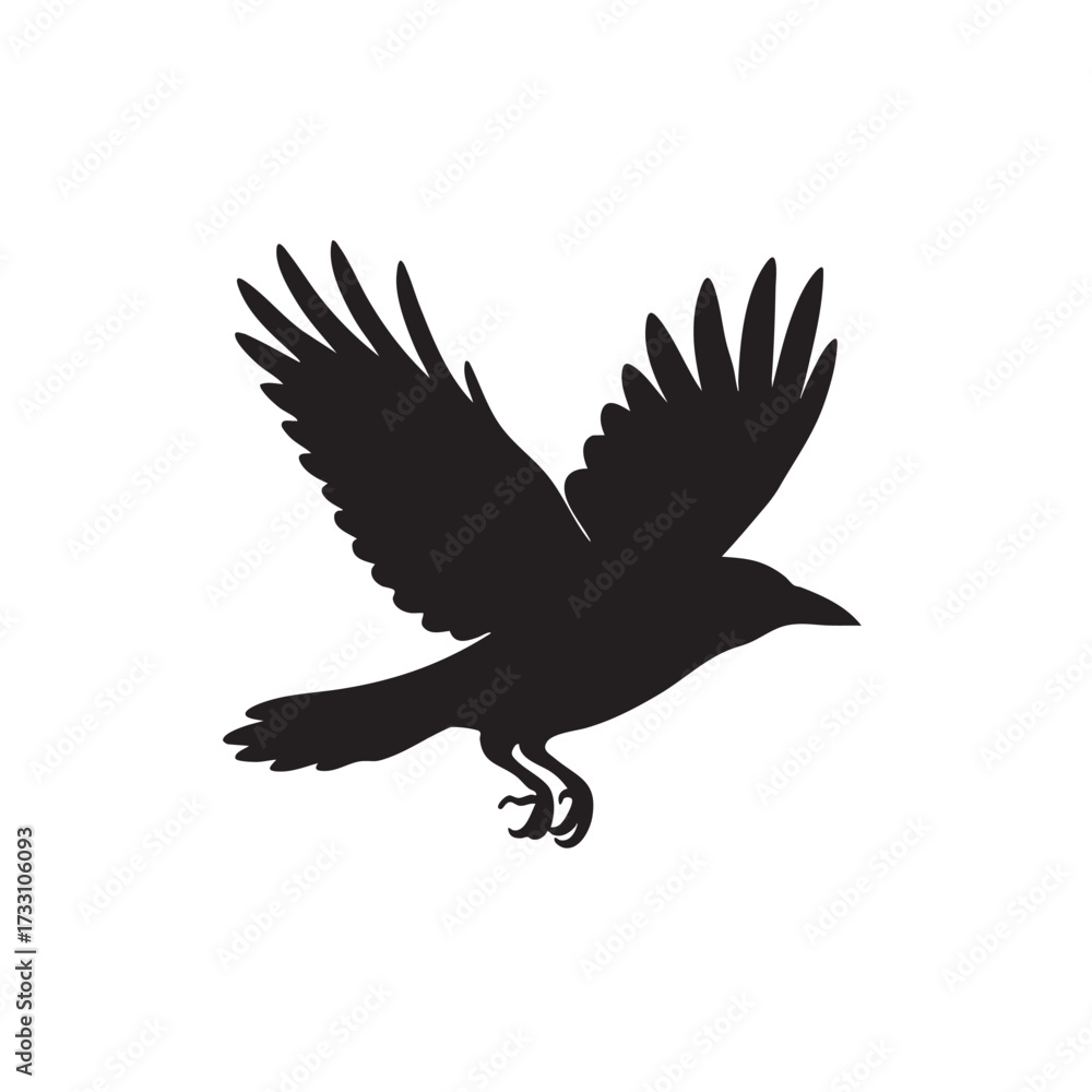 Obraz premium Raven in Flight A Silhouette of a Crow Soaring Through the Sky