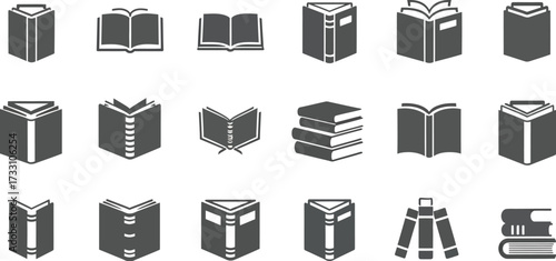Collection of modern book icons representing knowledge, learning, and education in various styles