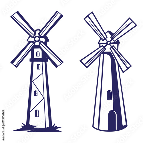 Two stylized blue windmills illustrated against a white background for decorative designs