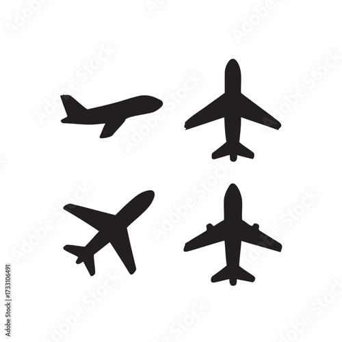 Airline transportation silhouette icons set of planes flying across the sky