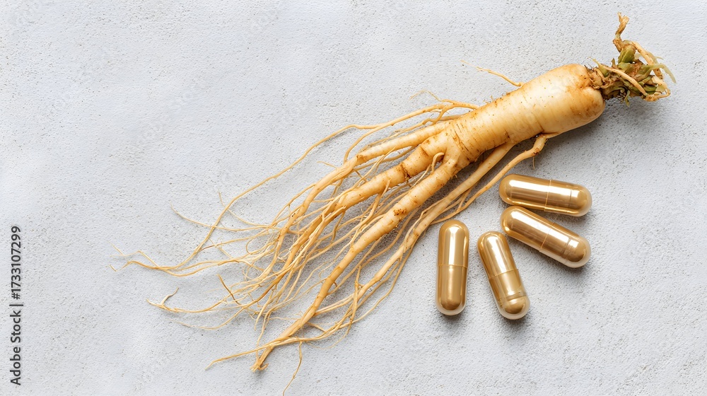 Fototapeta premium Fresh ginseng root next to four metallic gold supplement capsules
