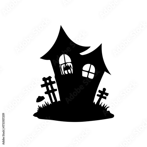 A spooky haunted house silhouette with a crooked fence and graves, perfect for Halloween-themed designs and decorations