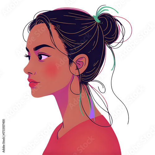 Illustration of a woman with a bun and a red shirt on